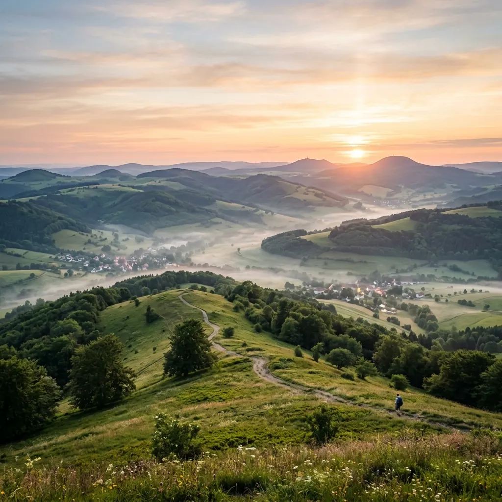 Sonnenaufgang über den sanften Hügeln der Rhön mit Wanderweg und Dorf im Tal. Mit künstlicher Intelligenz erstelltes Symbolbild